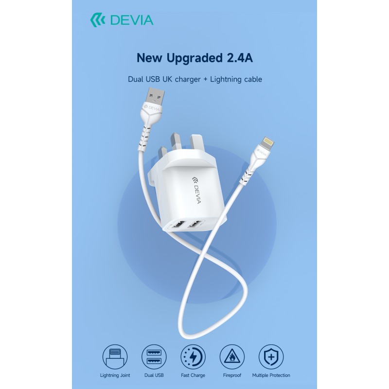 Devia Smart Series 2.4A Dual USB Charger Set with Lightning Cable (UK Plug) White