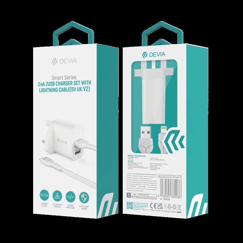 Devia Smart Series 2.4A Dual USB Charger Set with Lightning Cable (UK Plug) White