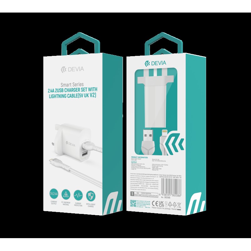 Devia Smart Series 2.4A Dual USB Charger Set with Lightning Cable (UK Plug) White