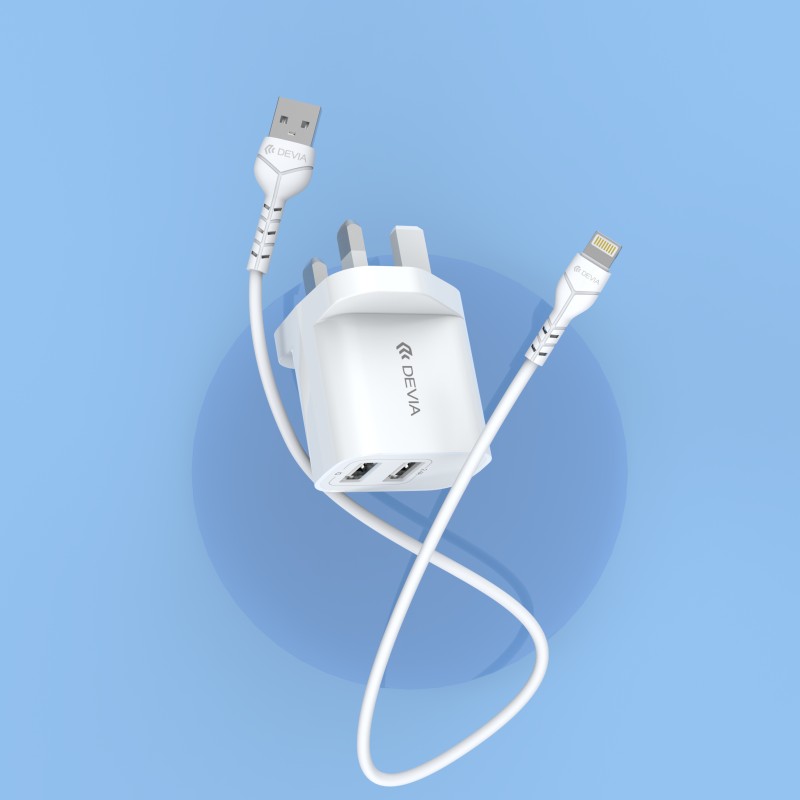 Devia Smart Series 2.4A Dual USB Charger Set with Lightning Cable (UK Plug) White
