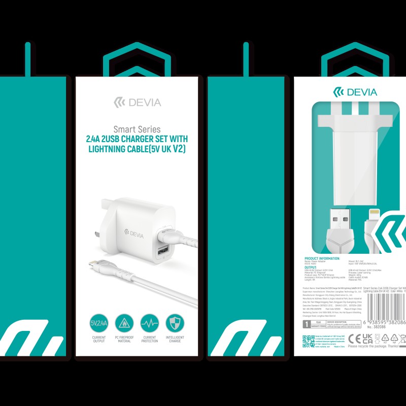 Devia Smart Series 2.4A Dual USB Charger Set with Lightning Cable (UK Plug) White