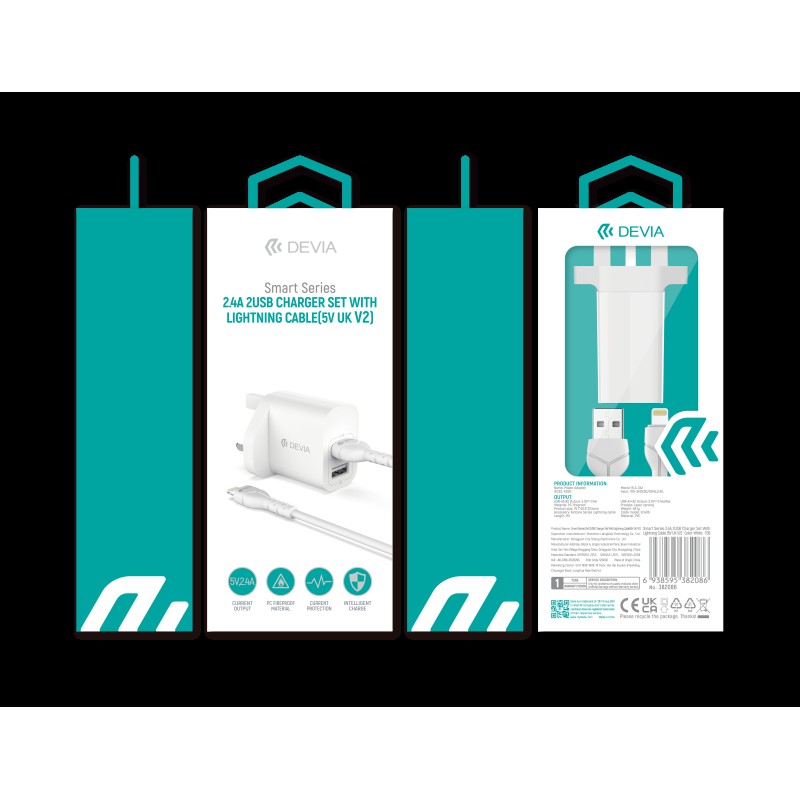 Devia Smart Series 2.4A Dual USB Charger Set with Lightning Cable (UK Plug) White