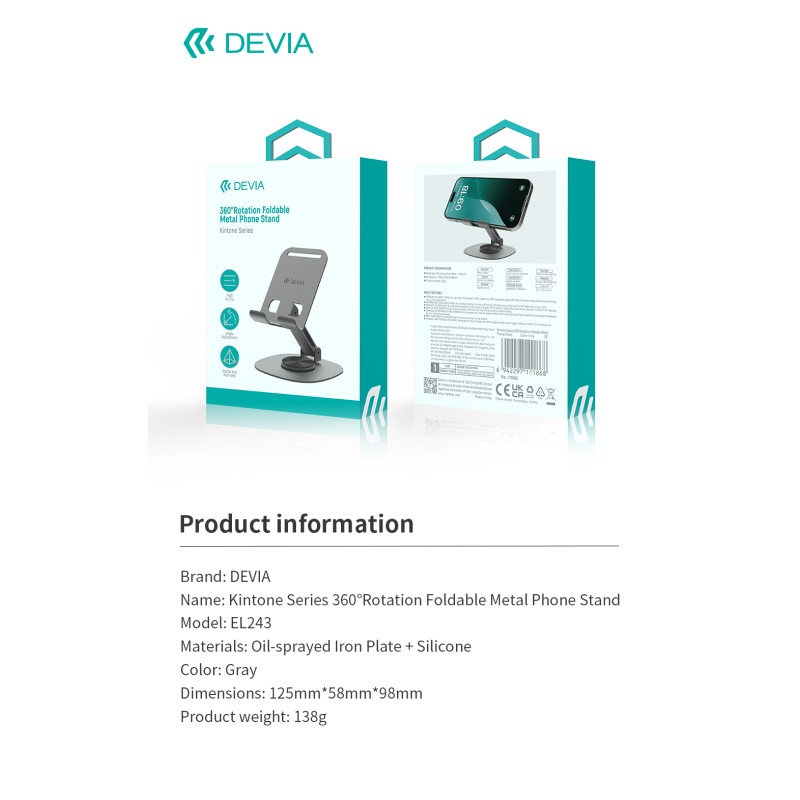 Devia Adjustable & Foldable 360° Metal Cell Phone Holder Grey