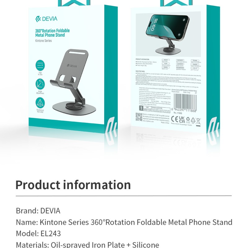 Devia Adjustable & Foldable 360° Metal Cell Phone Holder Grey