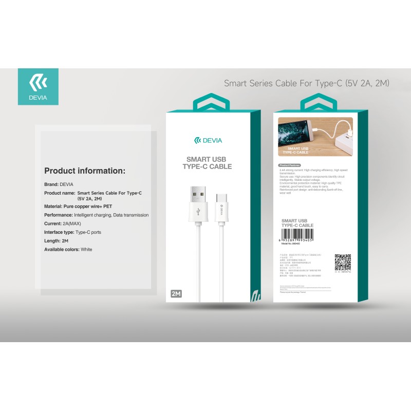 Devia USB 2.0 A-Male to USB-C Cable 2m White