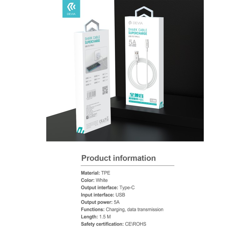 Devia USB-A to Type-C Cable 1.5m White