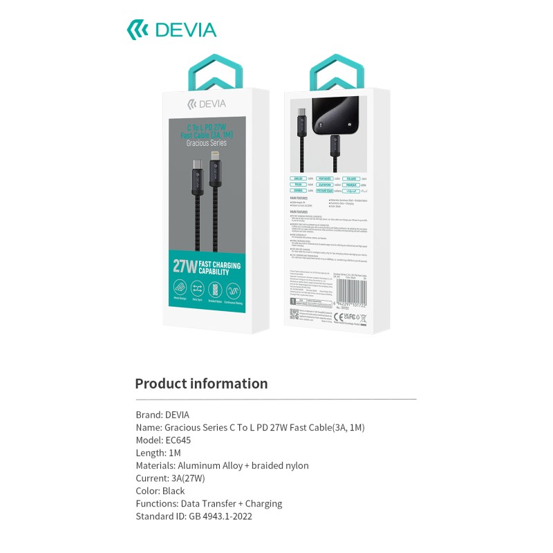 Devia Gracious Series C to L PD 27W Fast Cable 1m Black