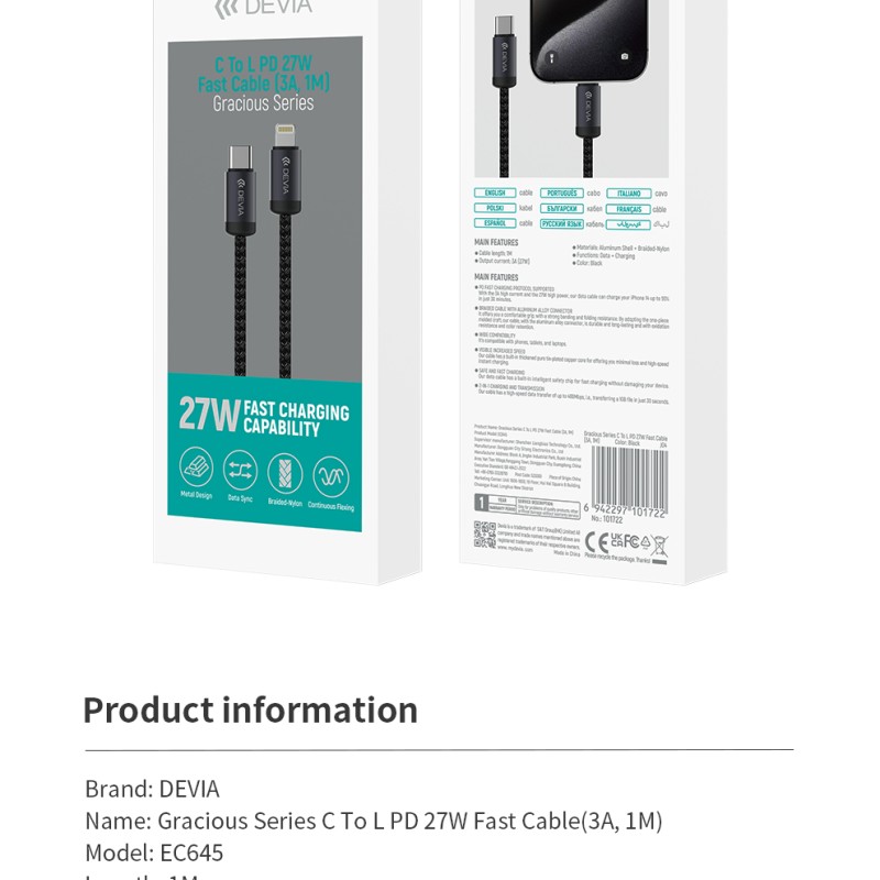 Devia Gracious Series C to L PD 27W Fast Cable 1m Black