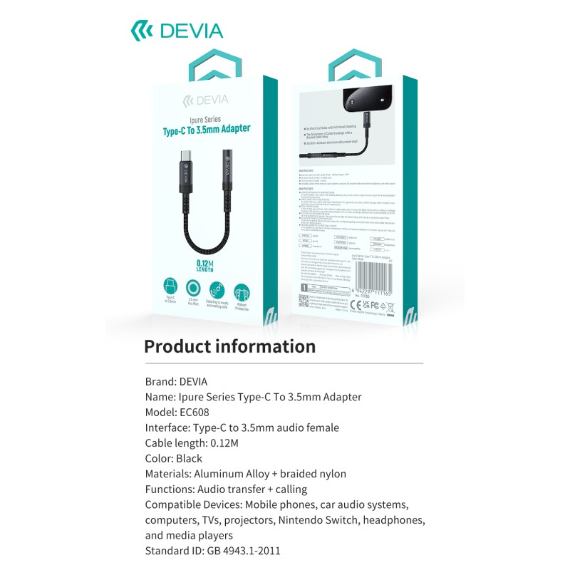 Devia Type-C to 3.5mm Audio Adapter with Charging Black