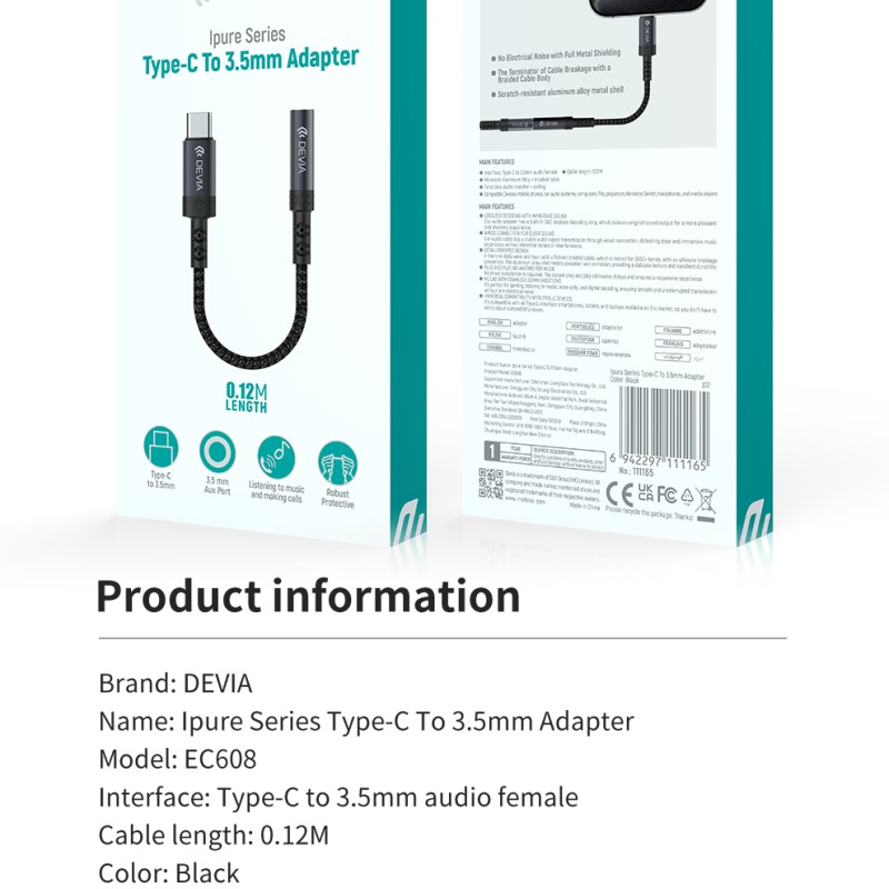 Devia Type-C to 3.5mm Audio Adapter with Charging Black