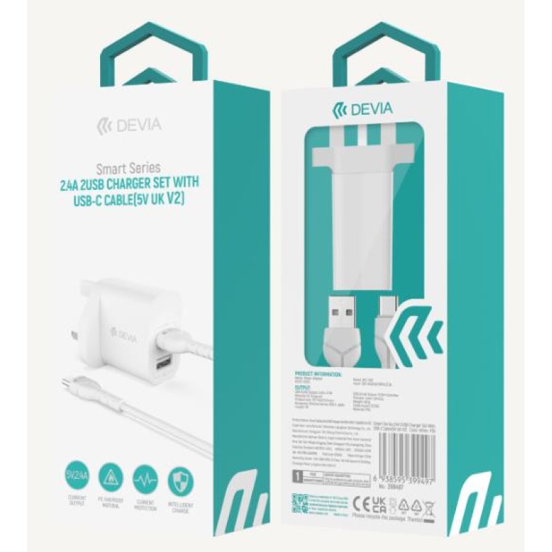 Devia Smart Series 2.4A Dual USB Charger Set with USB-C Cable (UK PLUG) White