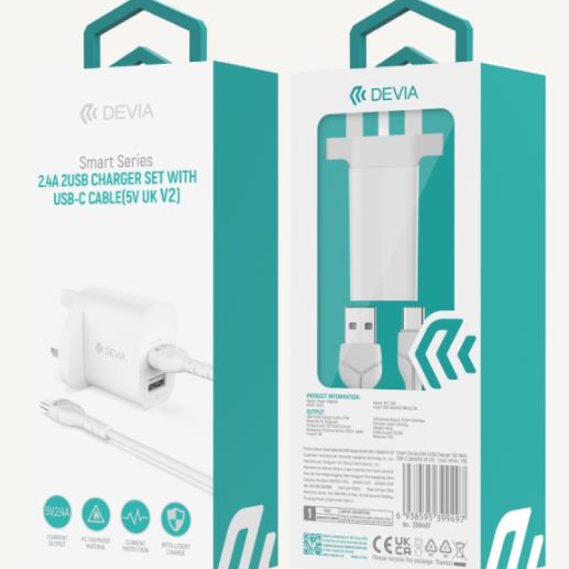 Devia Smart Series 2.4A Dual USB Charger Set with USB-C Cable (UK Plug) White