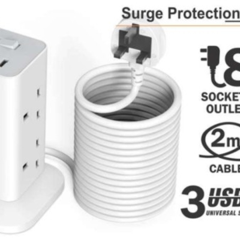 Tessan 2m Power Tower 8 AC Outlets, 3 USB (UK Plug)