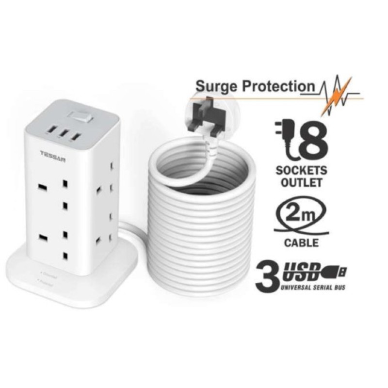 Tessan 2m Power Tower 8 AC Outlets, 3 USB (UK PLUG)