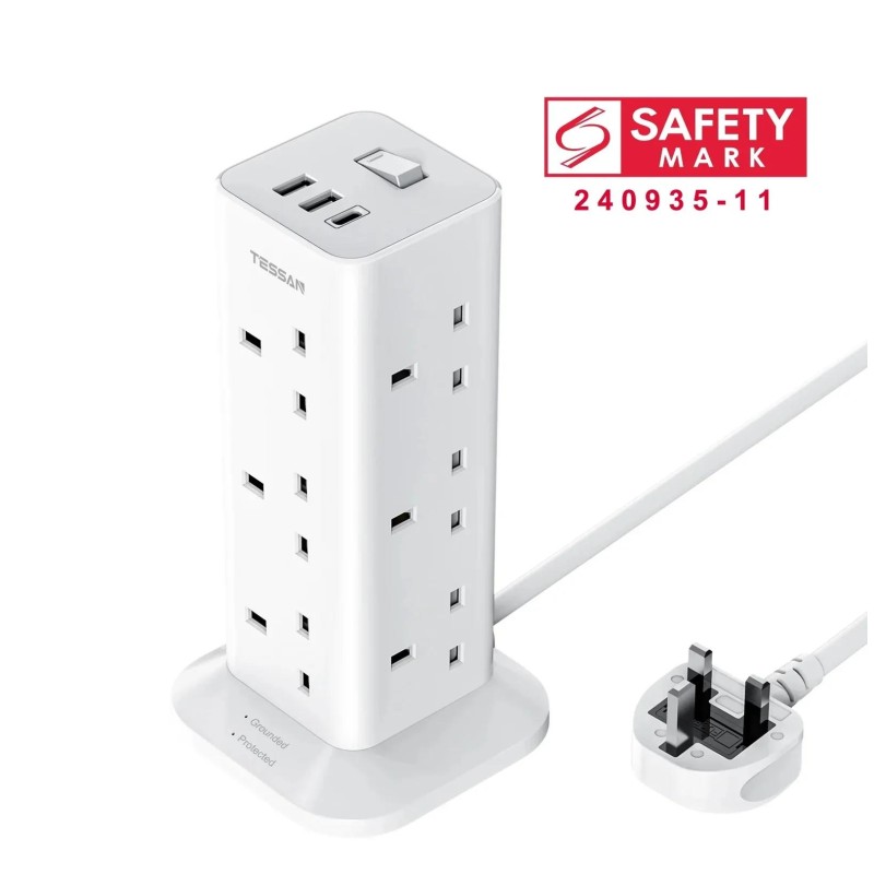 Tessan 12 Way Socket Tower with 2 USB-A & 1 USB-C UK Plug