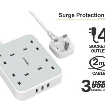 Tessan 2m Power Strip 4 AC Outlets, 2 USB, 1 Type-C