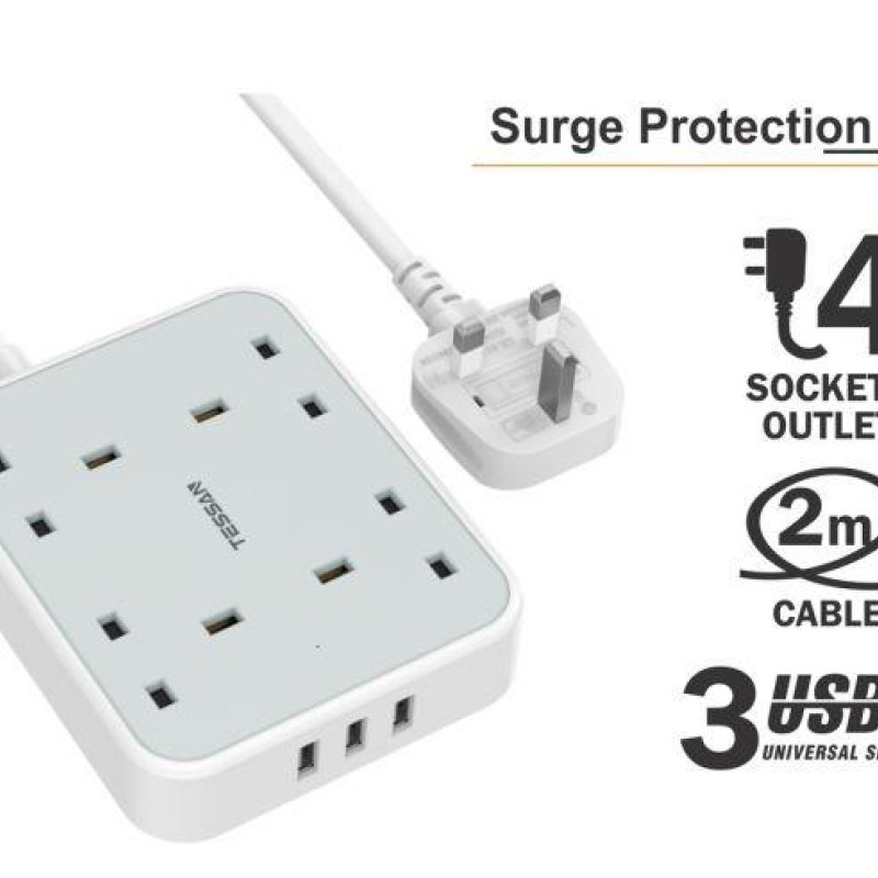 Tessan 2m Power Strip 4 AC Outlets, 2 USB, 1 Type-C