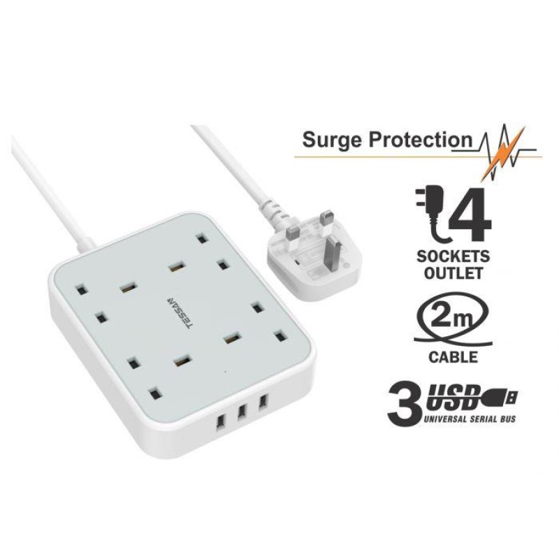 Tessan 2m Power Strip 4 AC Outlets, 2 USB, 1 Type-C