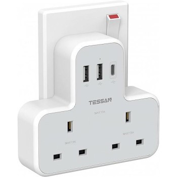 Tessan 2-Gang UK Wall Charger 2 USB-A, 1 USB-C 13A