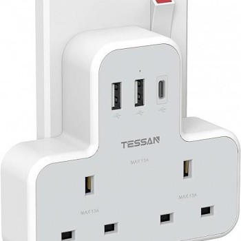 Tessan 2-Gang UK Wall Charger 2 USB-A, 1 USB-C 13A