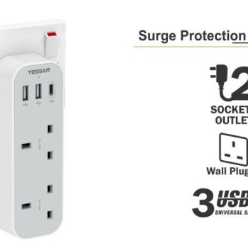 Tessan 5-in-1 Wall Adapter 2 AC Outlets, 2 USB, 1 Type-C