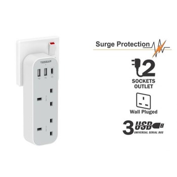 Tessan 5-in-1 Wall Adapter 2 AC Outlets, 2 USB, 1 Type-C