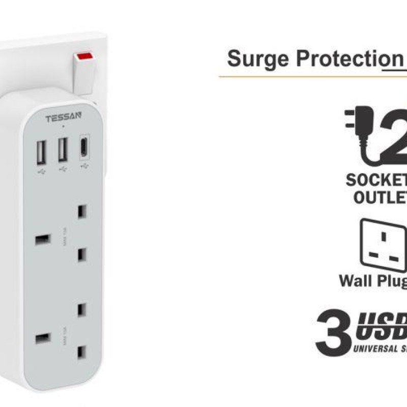 Tessan 5-in-1 Wall Adapter 2 AC Outlets, 2 USB, 1 Type-C
