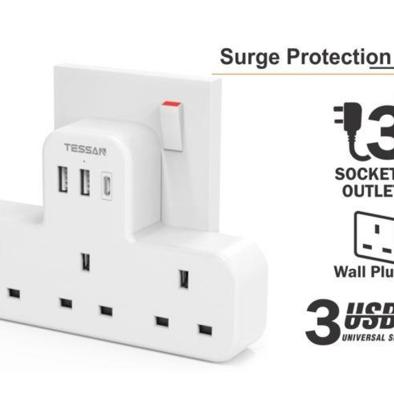 Tessan 5-in-1 Wall Adapter 3 AC Outlets, 2 USB, 1 Type-C
