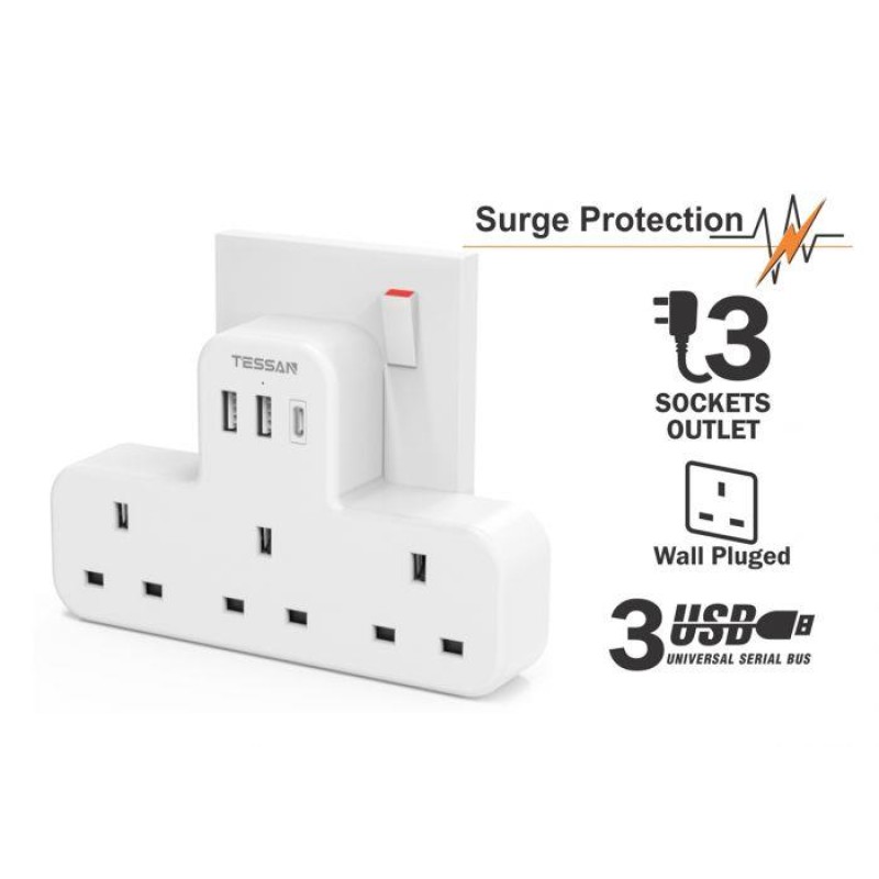 Tessan 5-in-1 Wall Adapter 3 AC Outlets, 2 USB, 1 Type-C