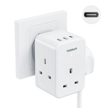 Tessan 3 AC Outlets Wall Socket Adapter with 2 USB-A & 1 USB-C