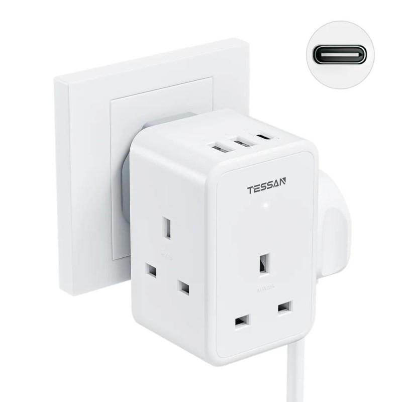 Tessan 3 AC Outlets Wall Socket Adapter with 2 USB-A & 1 USB-C