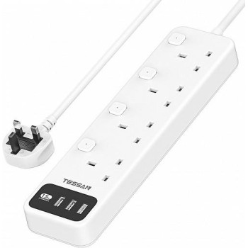 Tessan 4 AC Outlets 3 USB-A Ports Power Strip with 2m Cable