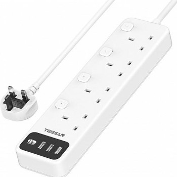 Tessan 4 AC Outlets 3 USB-A Ports Power Strip with 2m Cable