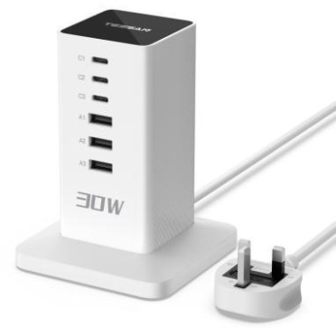 Tessan 6-Port USB Charger 3 Type-A, 3 Type-C 30W with 3m Cable