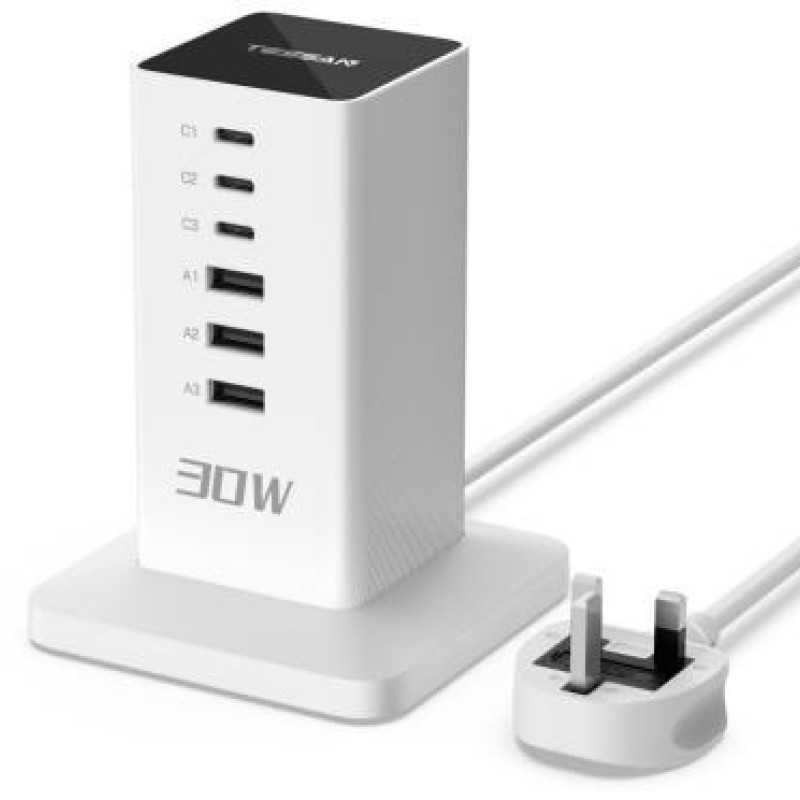Tessan 6-Port USB Charger 3 Type-A, 3 Type-C 30W with 3m Cable