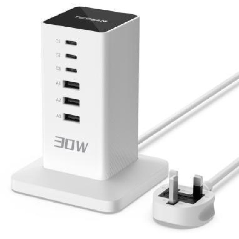 Tessan 6-Port USB Charger 3 Type-A, 3 Type-C 30W with 3m Cable