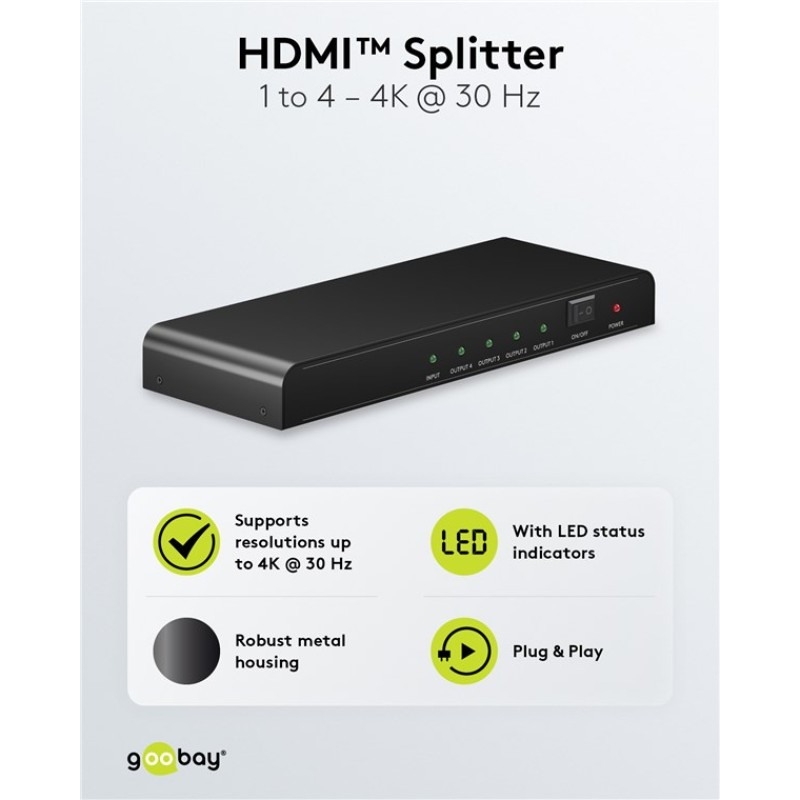 Goobay 1 to 4 HDMI Splitter 4K 30Hz Black