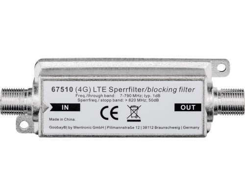 LTE/4G Blocking Filter, F Socket to F Socket