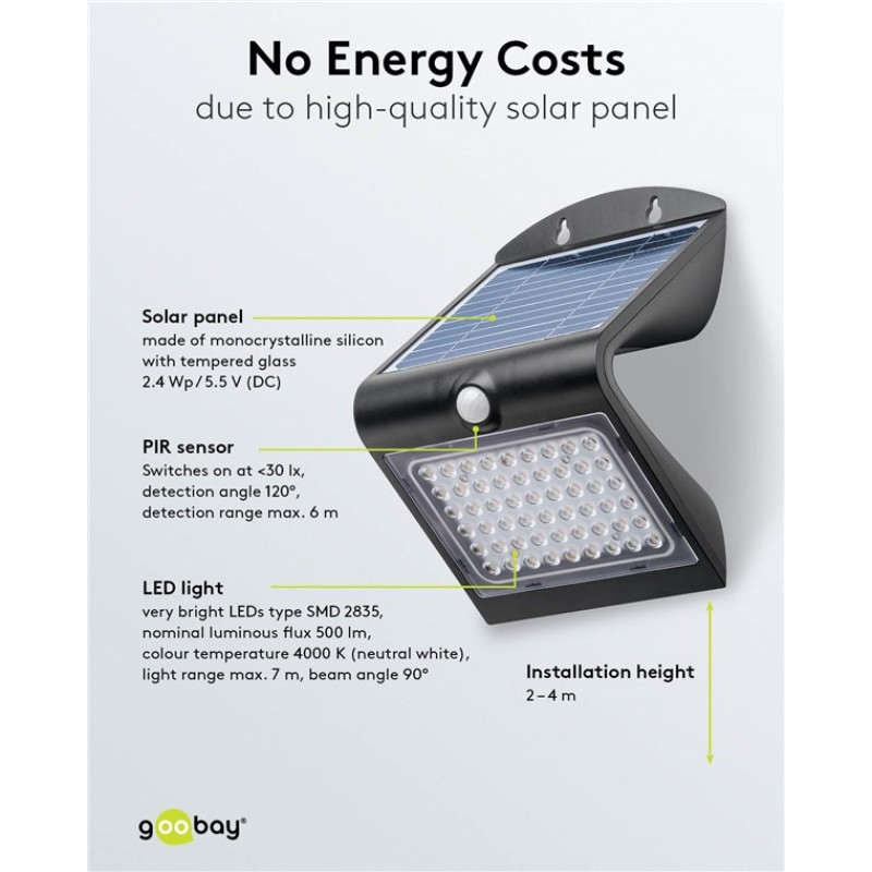 Goobay LED Solar Wall Light with Motion Sensor, 4 W, Black