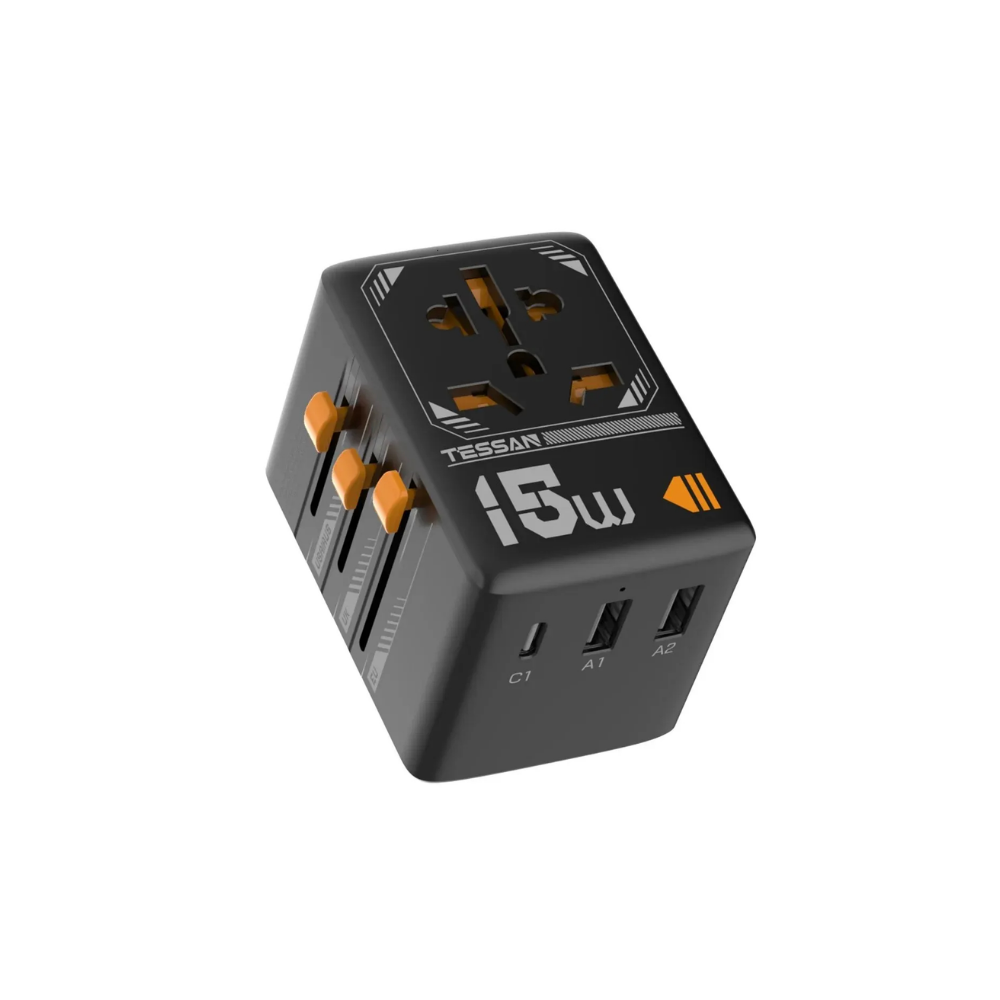 Tessan  15W International Travel PLUG Adapter with 2USB-A and 1 USB-C