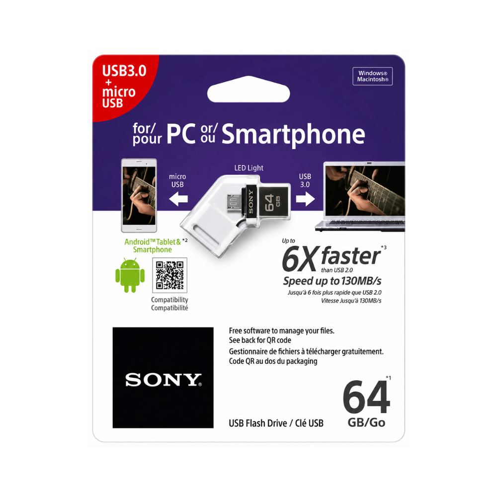 Sony 64GB USB 3.0 & Micro USB Flash Drive White