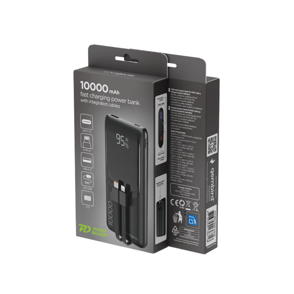 Gembird 20 W Fast charging power bank with integrated cables, 10000 mAh, black