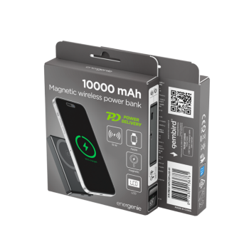 Gembird 15 W Magnetic wireless powerbank with LCD, 10000 mAh, black