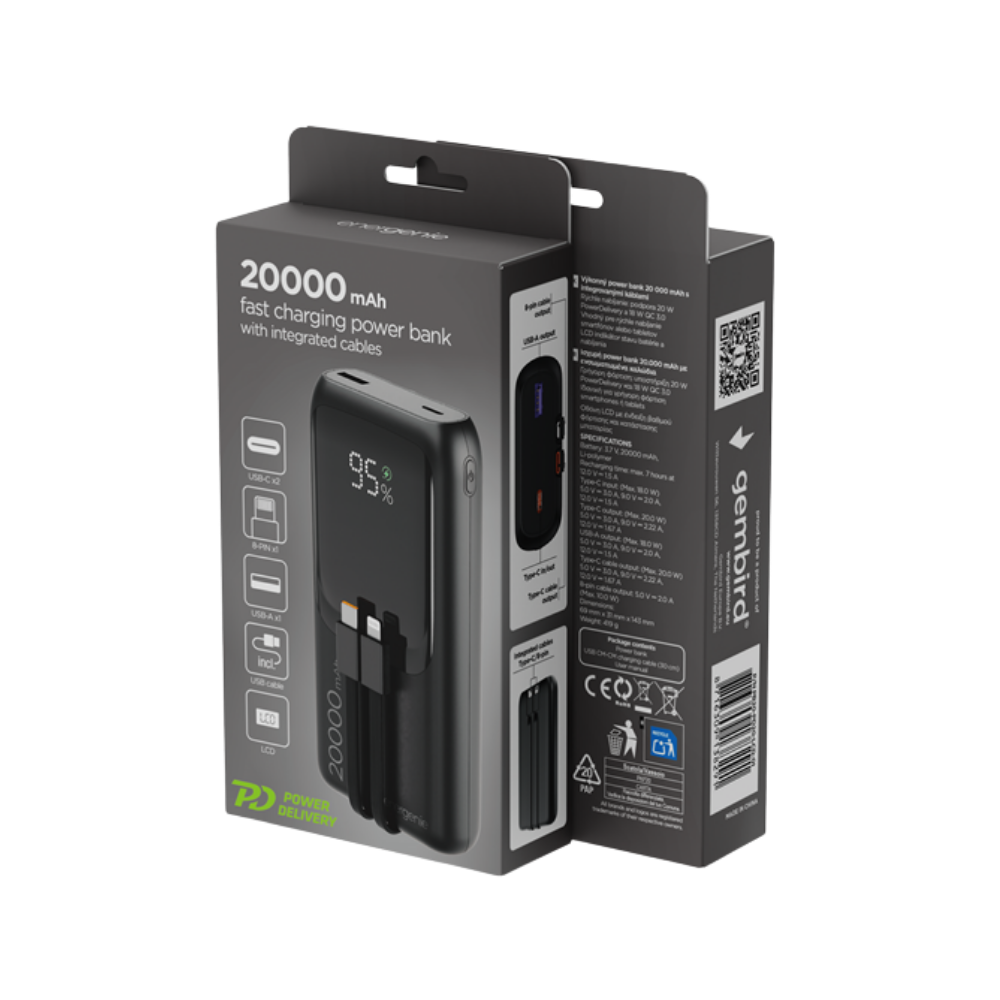 Gembird 20 W Fast charging power bank with integrated cables, 20000 mAh, black