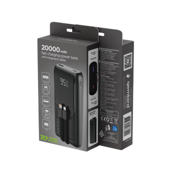 Gembird 20 W Fast charging power bank with integrated cables, 20000 mAh, black