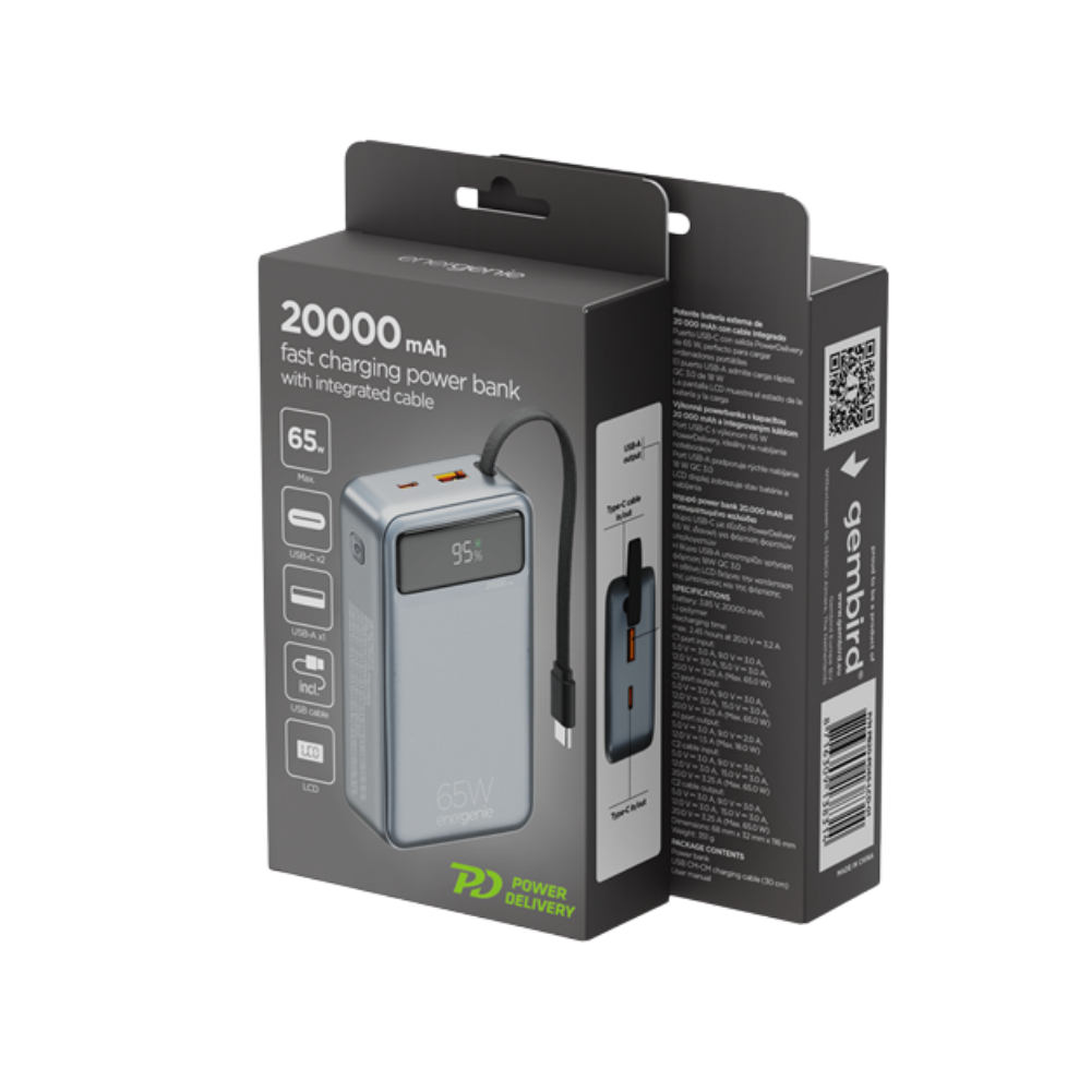 Gembird 65 W Fast charging power bank with integrated cables, 20000 mAh, black