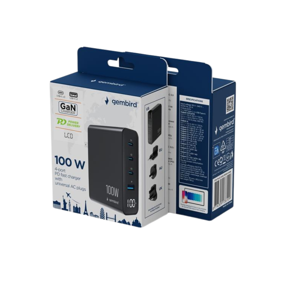 Gembird GaN Charger Without Cable with USB-A Port and 3 USB-C Ports 100W Power