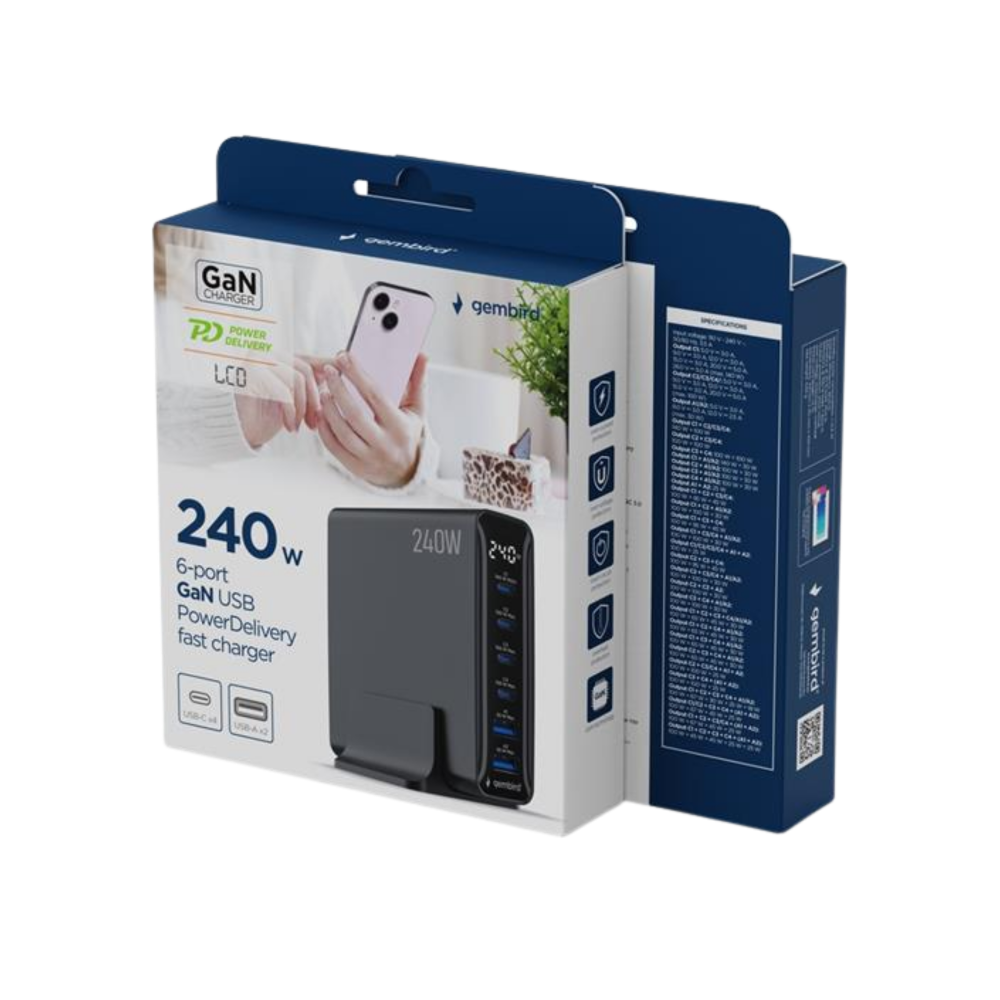 Gembird 6-port 240 W GaN USB fast charger, black