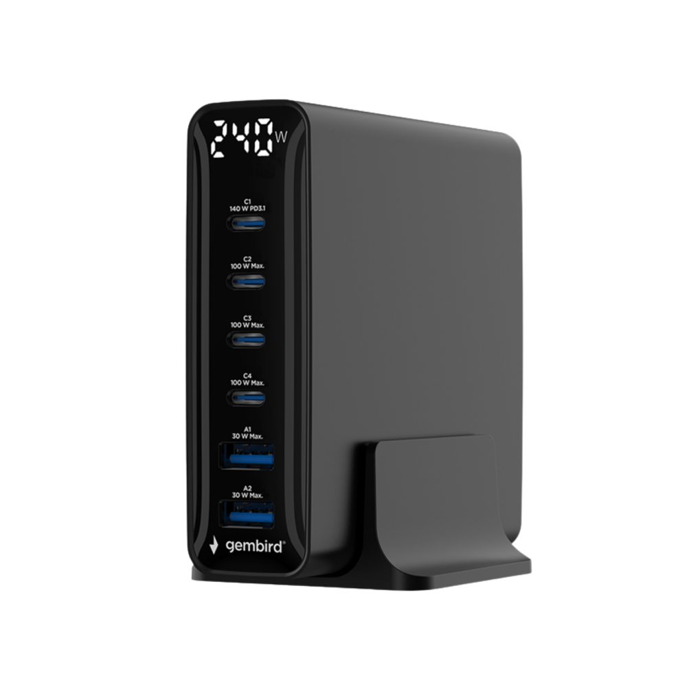 Gembird 6-port 240 W GaN USB fast charger, black