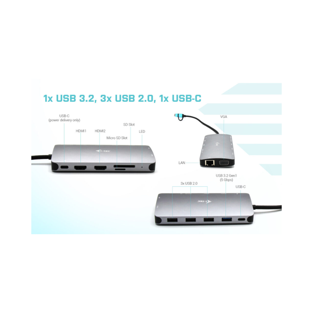 i-Tec Metal Nano Dock USB 3.0/C/TB3 with LAN & 100W PD
